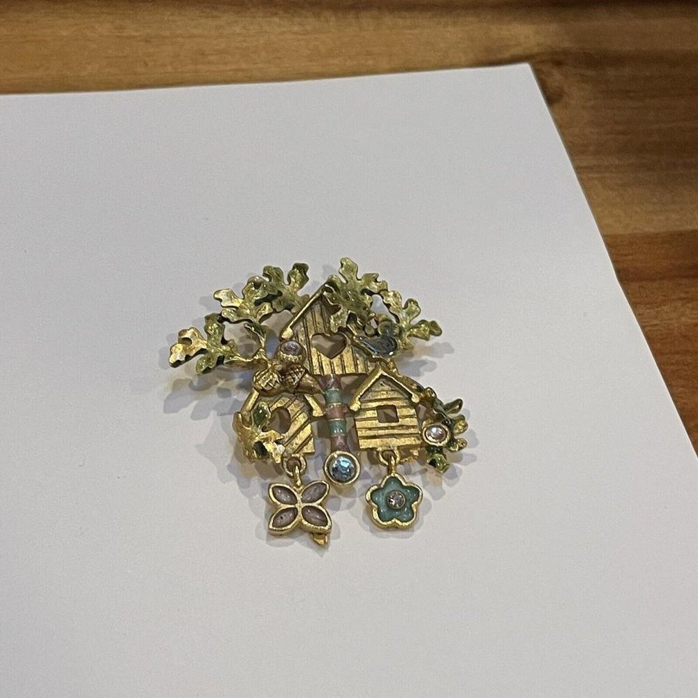 Signed KC Birdhouse Brooch Pin Gold Tone / Pastel Enamel & Rhinestone